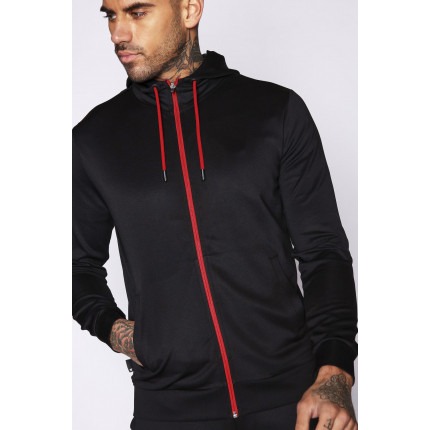 COLOUR POP TRIMS HOODED POLY TRACK TOP - BLACK/HOT RED - Image 2