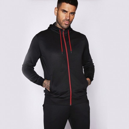 COLOUR POP TRIMS HOODED POLY TRACK TOP - BLACK/HOT RED