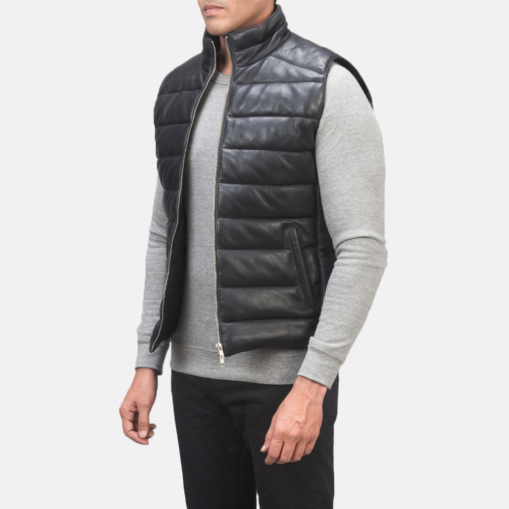 Reeves Black Leather Puffer Vest - Image 2