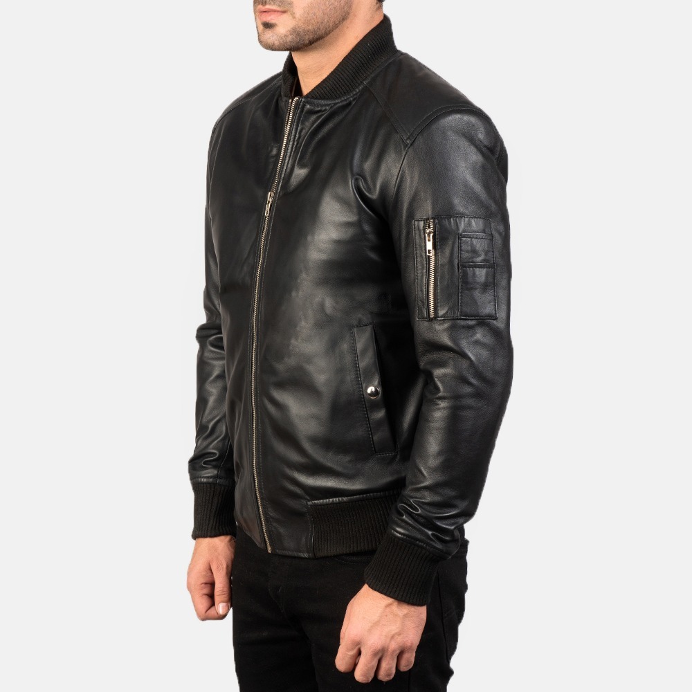Bomia Ma-1 Black Leather Bomber Jacket - Image 4