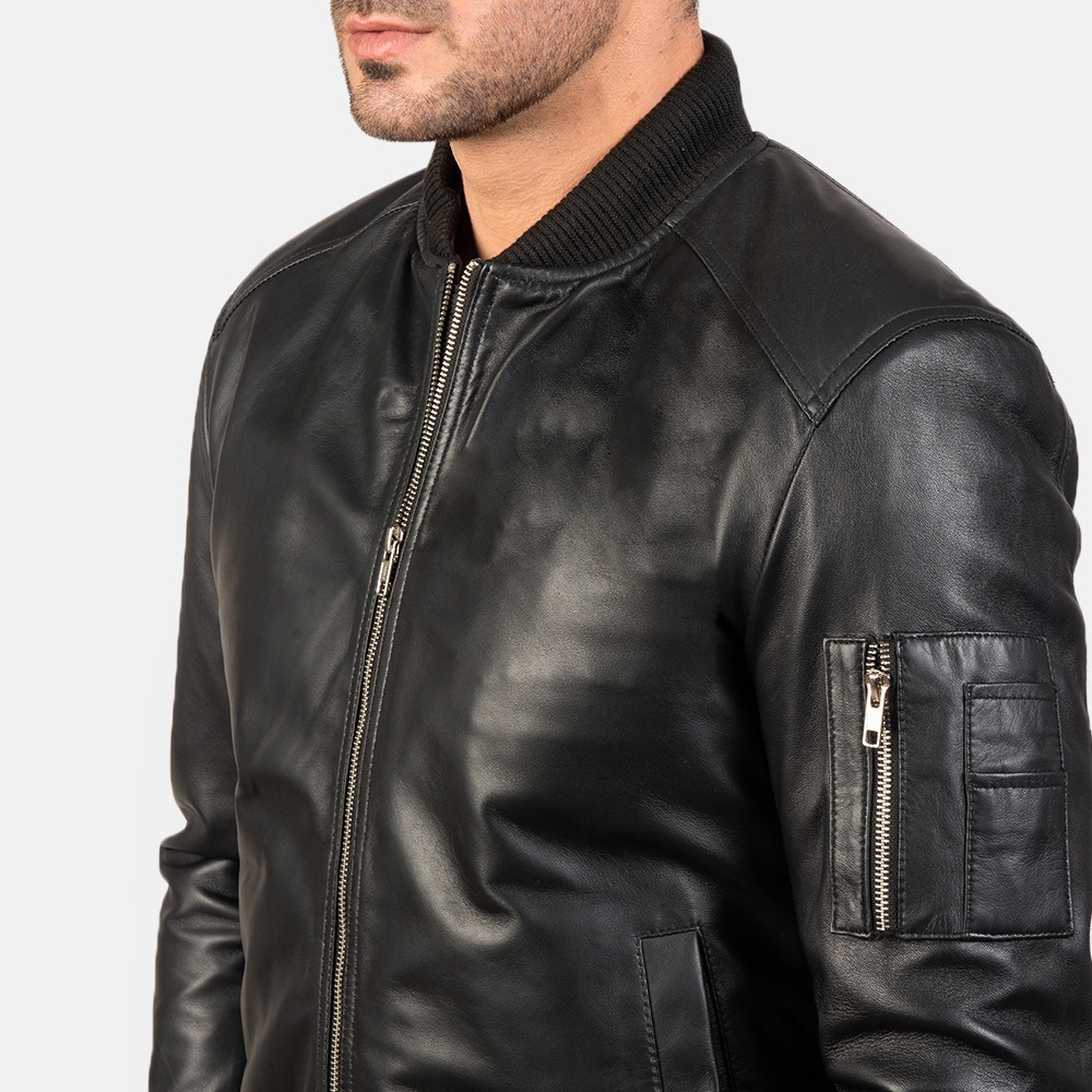 Bomia Ma-1 Black Leather Bomber Jacket - Image 2