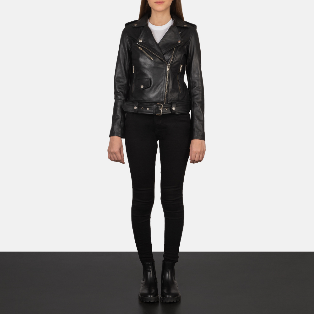 Alison Black Leather Biker Jacket - Image 2