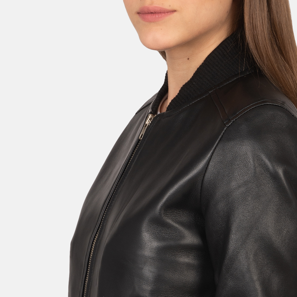Bliss Black Leather Bomber Jacket - Image 3