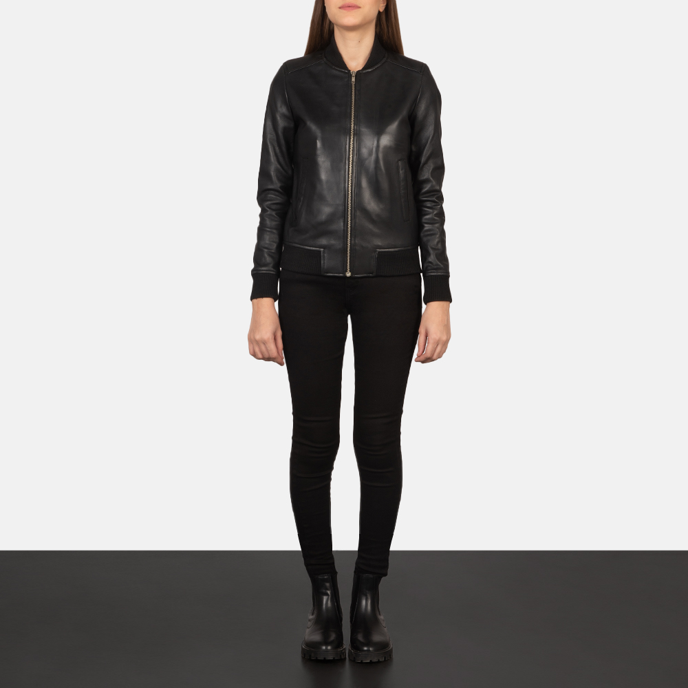 Bliss Black Leather Bomber Jacket - Image 2