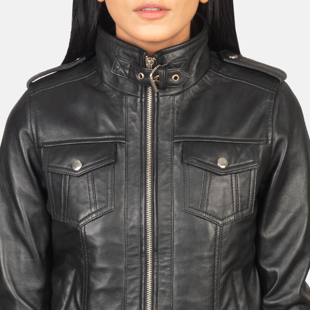 Roslyn Black Hooded Leather Bomber Jacket - Image 7