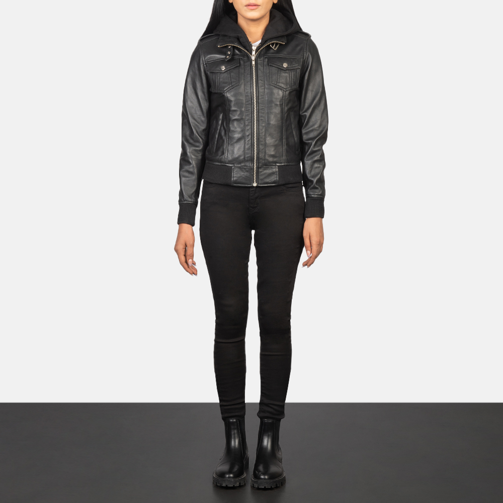 Roslyn Black Hooded Leather Bomber Jacket - Image 6