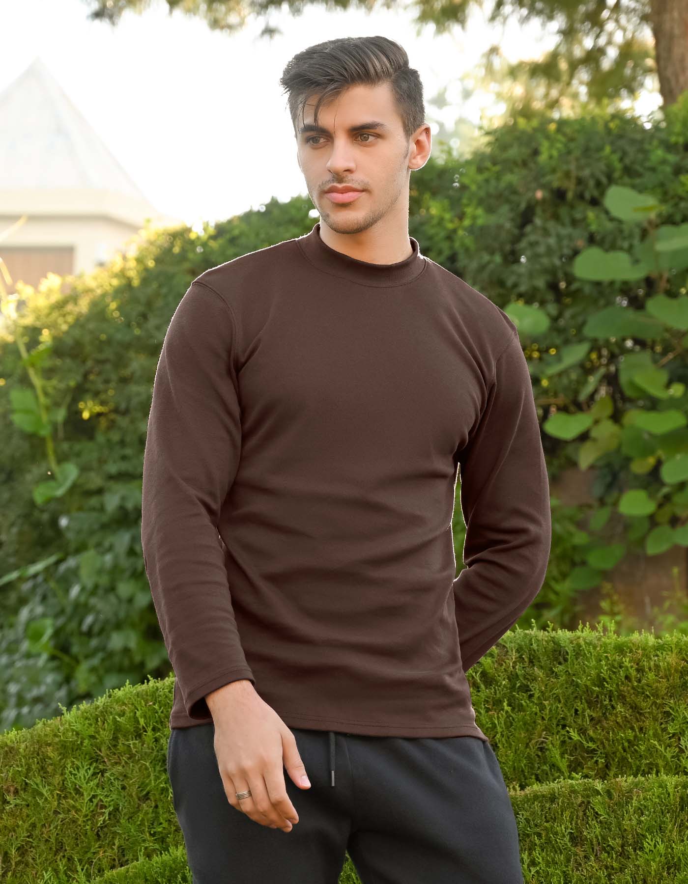Plain Chocolate Brown Mock Neck Full Sleeve - Image 4