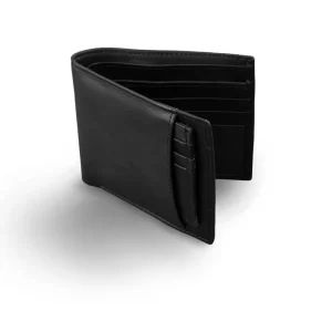 External Pocket Jet Black Cow Leather Wallet